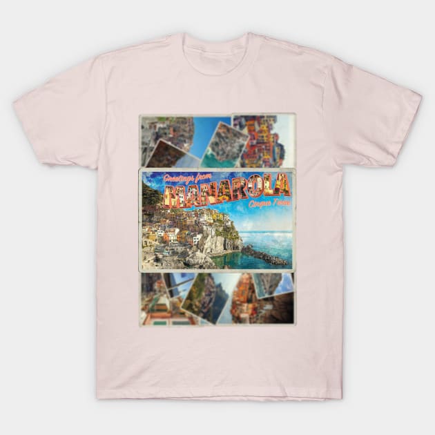 Greetings from Manarola Cinque Terre vintage style retro souvenir T-Shirt by DesignerPropo